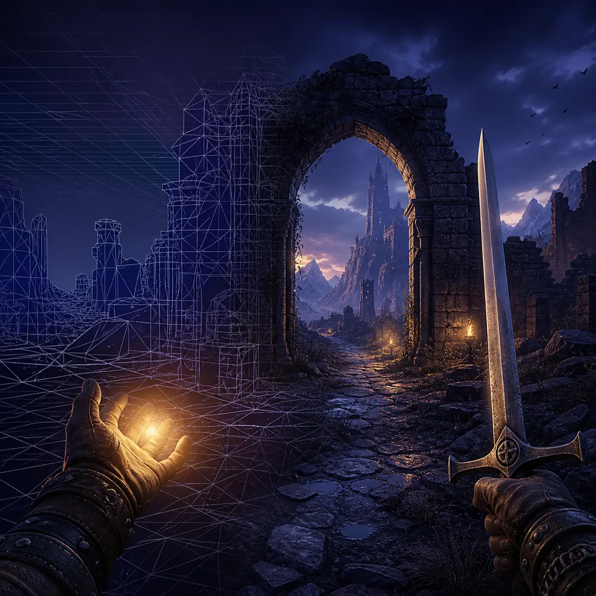 Redaktionelle Konzeptillustration, in der sich eine düstere Fantasy-Ruine von einem Drahtgitter zu einer fertigen Welt wandelt