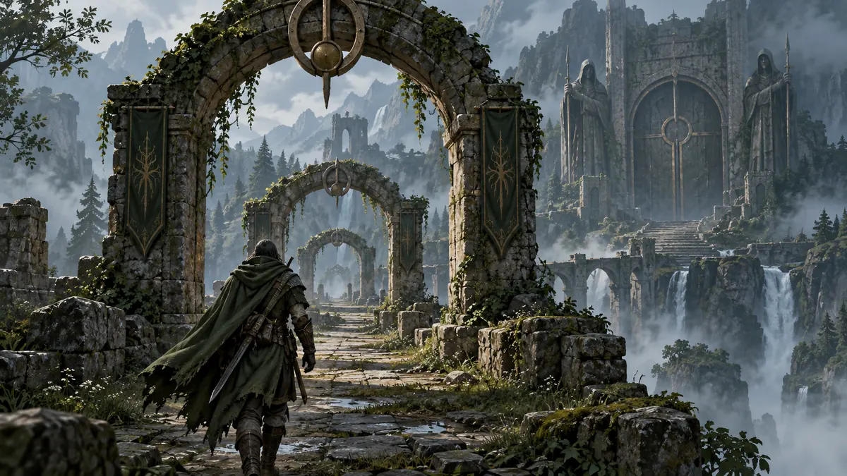 Ilustração editorial de um aventureiro de Fatekeeper diante de vários portões de pedra