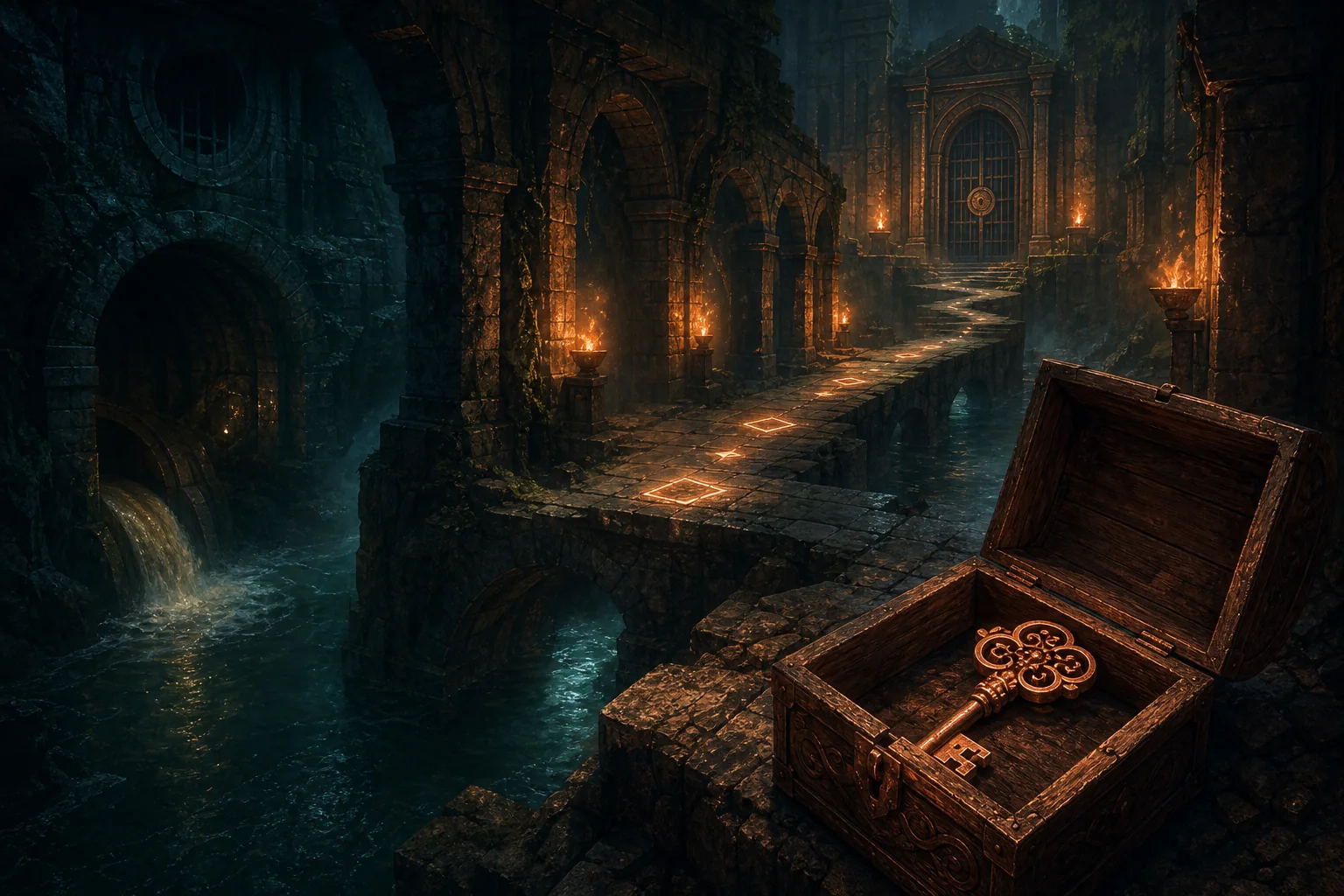 Conceptual editorial illustration of an ornate copper key route through a torch-lit canal toward a locked gate